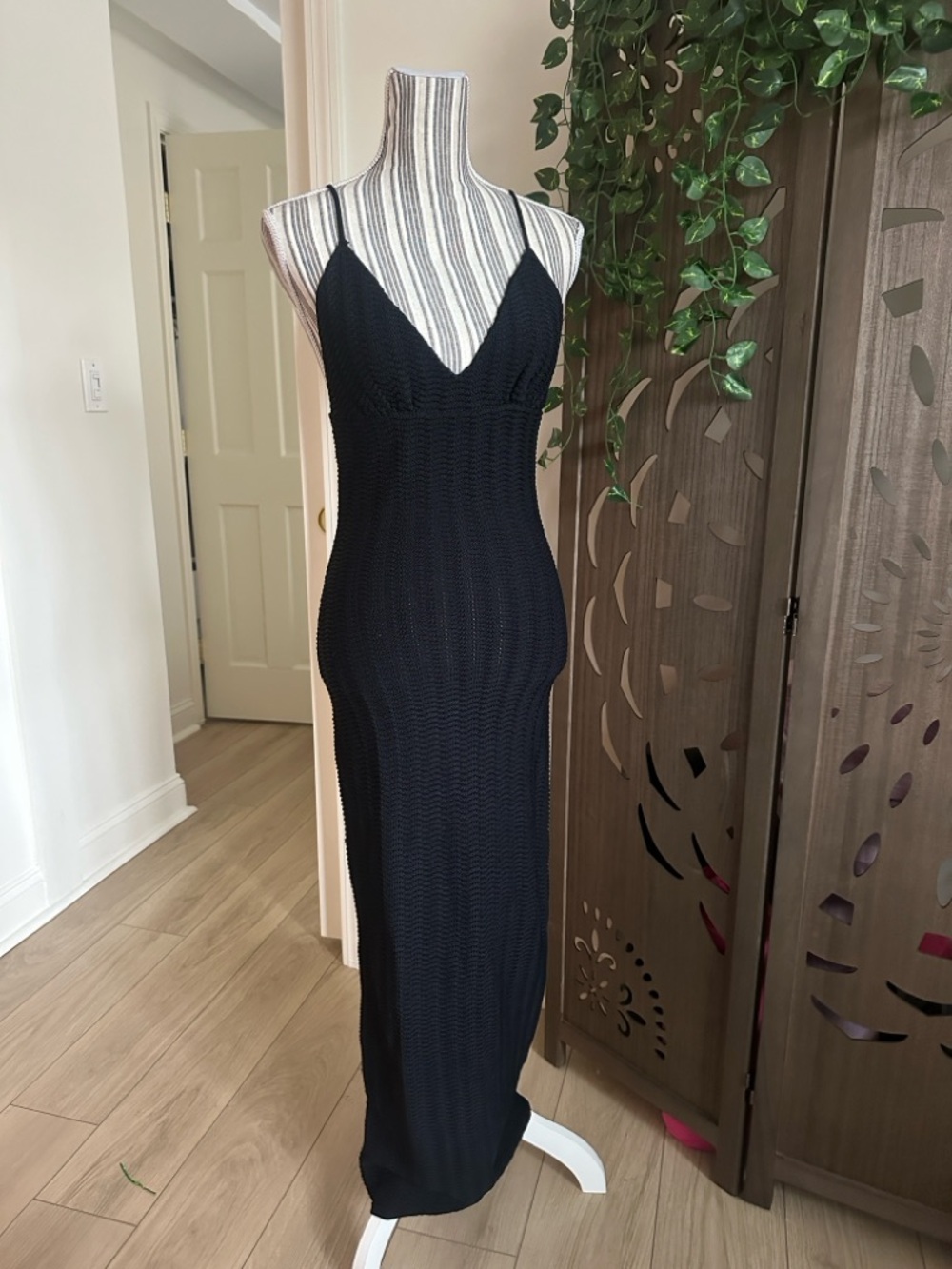 Naked Wardrobe Black Knit Crochet Maxi Dress